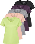 Real Essentials 5 Pack: Women's Dry-Fit Short Sleeve V Neck T Shirt Workout Fitness Yoga Top Tee (Available in Plus Size)