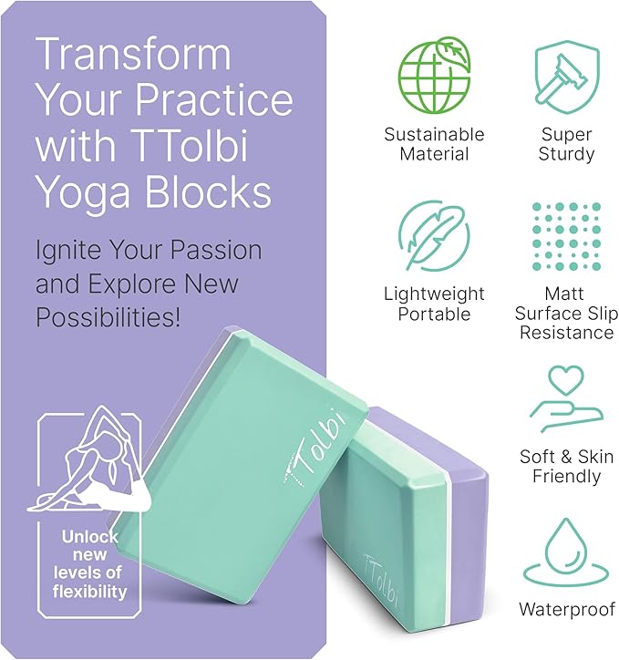 Yoga Blocks 2 Pack with Strap & Guide – Non-Slip EVA Foam Pilates Blocks for Home Workouts, Dance, Ballet, Gymnastics & Stretching Exercise | Ideal Dancer Gifts