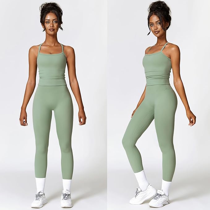 Women 2 Piece Workout Sets (NEW) Yoga Outfit Open Back Tank Top High Waisted Leggings Gym Sets Tracksuits