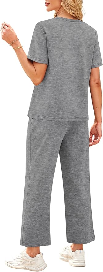 WIHOLL 2 Piece Sets for Women Casual Summer Travel Vacation Outfits Short Sleeve Wide Leg Crop Pants Lounge Sets