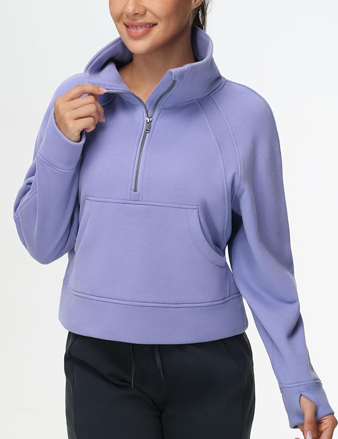 THE GYM PEOPLE Womens' Half Zip Pullover Fleece Stand Collar Crop Sweatshirt with Pockets Thumb Hole