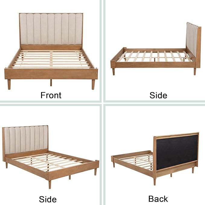 Wood Queen Size Bed Frame with Upholstered Tufted Headboard, Solid Wood Platform Bed,Mid-Century Style,No Box Spring Required, Easy Assembly,Wheat