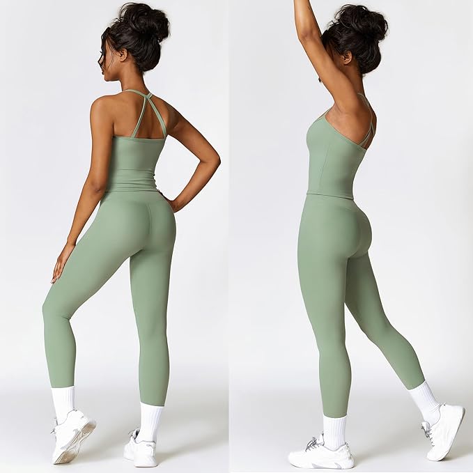 Women 2 Piece Workout Sets (NEW) Yoga Outfit Open Back Tank Top High Waisted Leggings Gym Sets Tracksuits