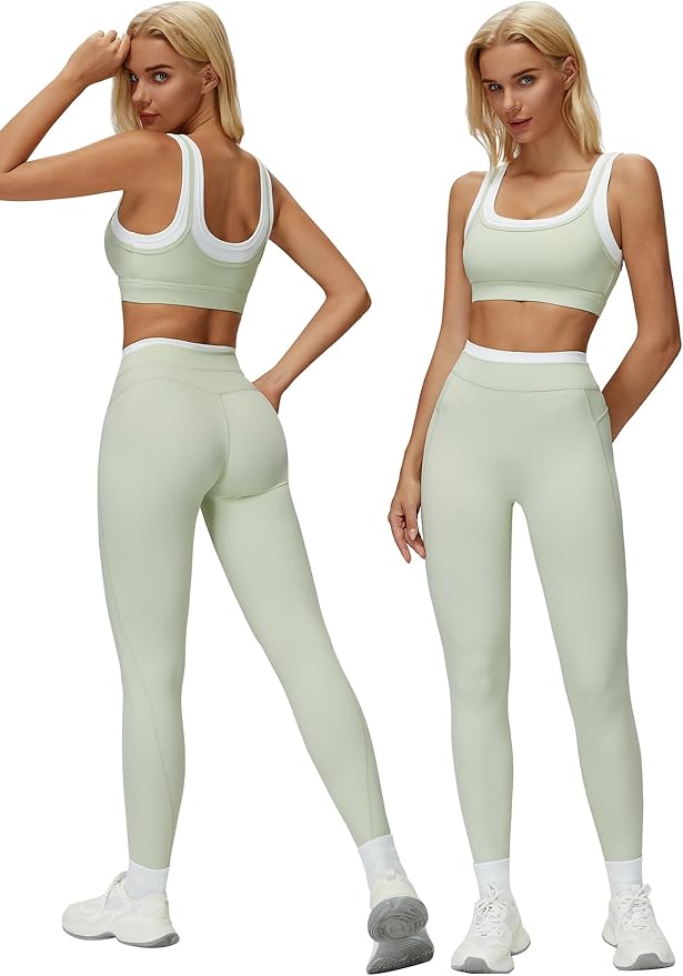 ABOCIW Two Piece Workout Sets for Women Layer Sports Bra Tummy Control High Wait Leggings Gym Yoga Outfits