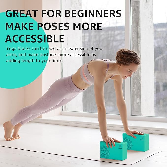 Overmont Yoga Block 2 Pack Supportive Latex-Free EVA Foam Soft Non-Slip Surface for General Fitness Pilates Stretching and Meditation 9"x6"x3" Yoga Strap Included