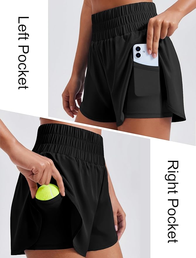 PINSPARK Women's 2 in 1 Running Shorts High-Split Athletic Short High Waisted 3" Liner Workout Gym Short with Pockets