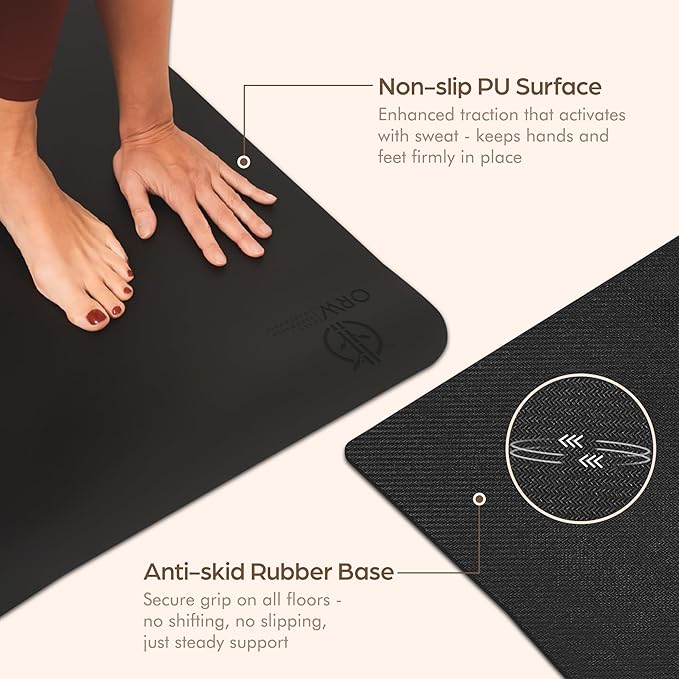 ORW Non Slip Hot Yoga Mat - Grip Surface & Natural Rubber Base, REACH Tested, Home & Studio Practice