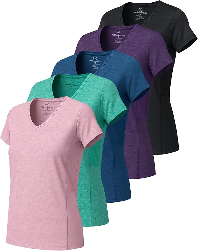 Real Essentials 5 Pack: Women's Dry-Fit Short Sleeve V Neck T Shirt Workout Fitness Yoga Top Tee (Available in Plus Size)