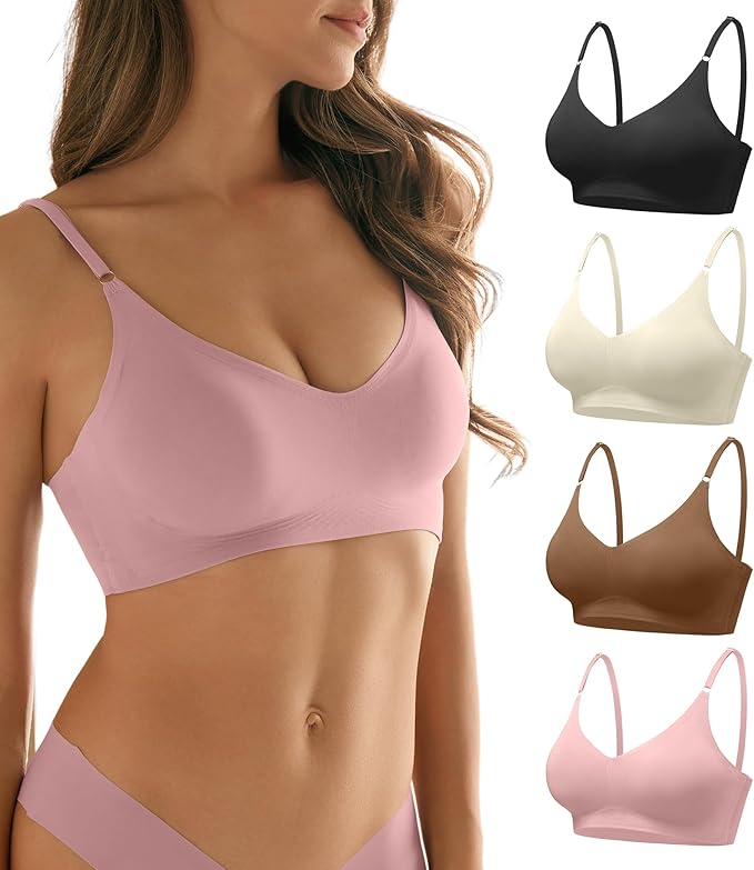 DEANGELMON V Neck Bra Padded Seamless Adjustable Straps Bralettes Everyday Basic Sleeping Bras Multiple Pack
