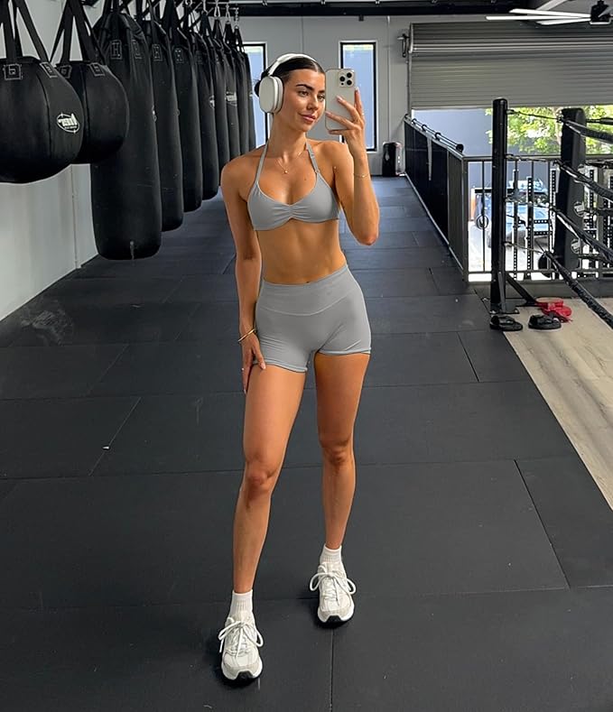 Comper 2 Piece Workout Sets for Women Halter Strappy Sports Bra with Seamless Ribbed Gym Yoga shorts Outfits