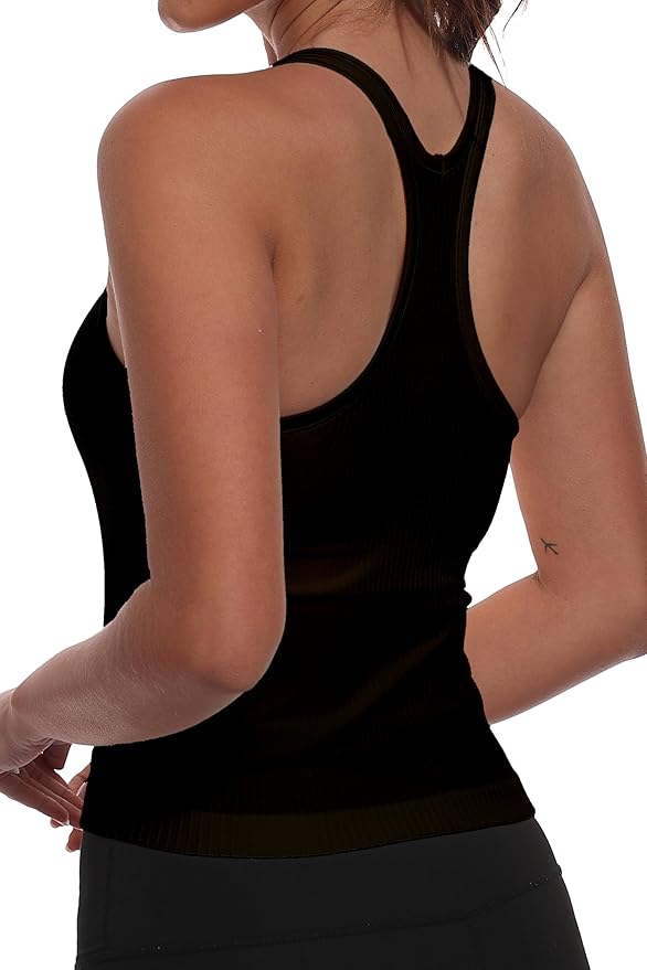 YIOIOIO Women Ribbed Workout Crop Tops with Built in Bra Seamless Yoga Racerback Tank Top Tight Fit