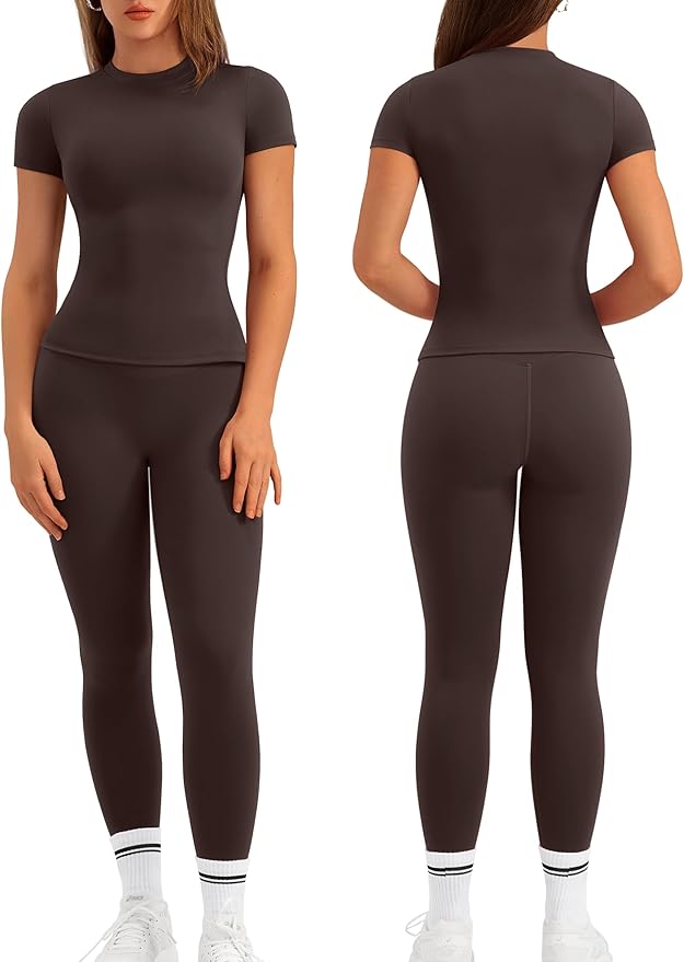 Relety Womens Two Piece Workout Sets Slim Fit Short Sleeve Shirt High Waist Leggings Yoga Outfits Matching Gym Set