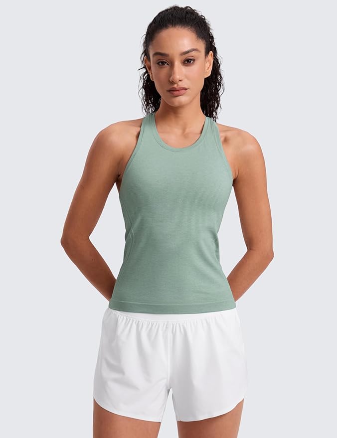 CRZ YOGA Seamless Workout Tank Tops for Women - Athletic Running Gym Sleeveless Shirts Crewneck Racerback Breathable