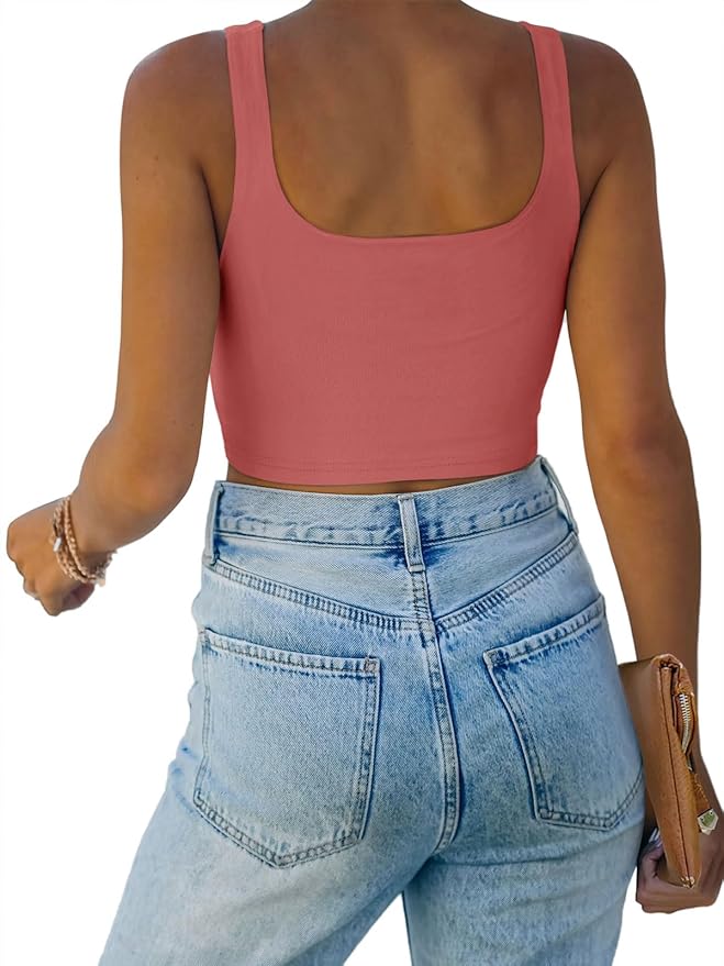 REORIA Women’s Sexy Square Neck Double Lined Seamless Sleeveless Cropped Tank Yoga Crop Basic Tops