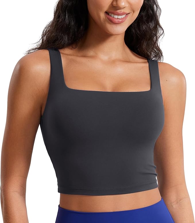 CRZ YOGA Butterluxe Square Neck Crop Tank Tops for Women - Workout Longline Sports Bras Padded Yoga Camisole