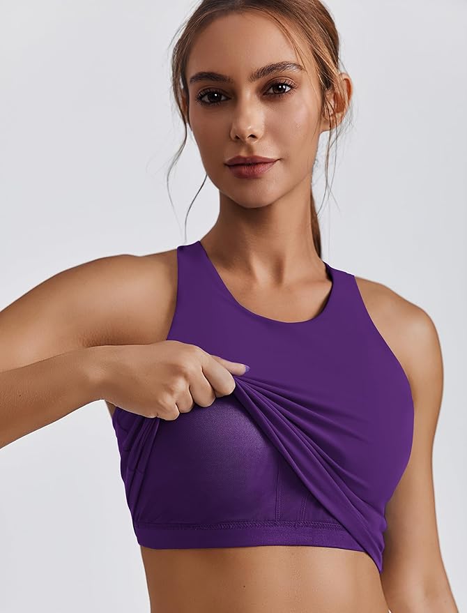 PINSPARK Women Sports Bra High Neck Racerback Workout Crop Tank Top Longline Padded Yoga Tops with Built in Pads