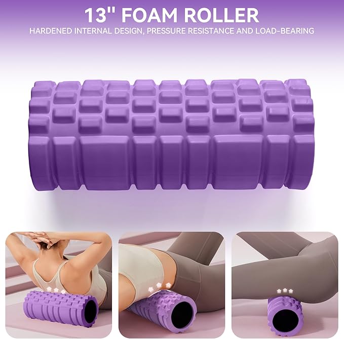 Krightlink 5 in1 Foam Roller Set, High Density Deep Tissue Massager for Muscle Massage, Massage Roller, Massage Ball, Resistance Band for Whole Body Physical Therapy Deep Muscle Massage (Purple)