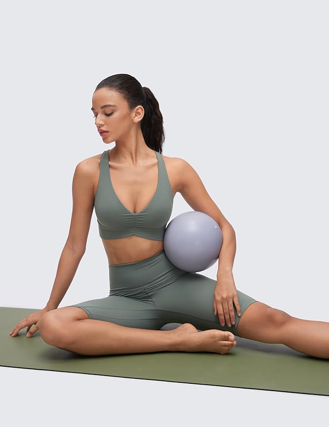 CRZ YOGA Butterluxe Ruched Longline Sports Bras for Women - V Neck Padded Yoga Tank Wide Straps Cross Back Crop Tops