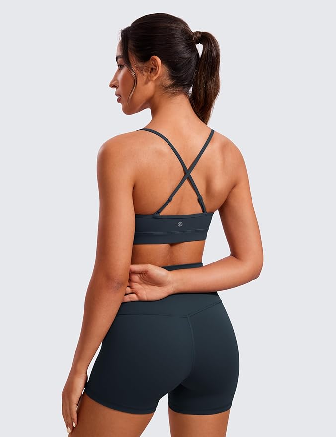 CRZ YOGA Butterluxe V-Neck Sports Bras for Women - Adjustable Thin Straps Padded Yoga Top Basic Wireless Camisole