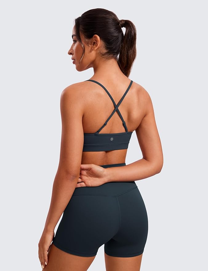 CRZ YOGA Butterluxe V-Neck Sports Bras for Women - Adjustable Thin Straps Padded Yoga Top Basic Wireless Camisole