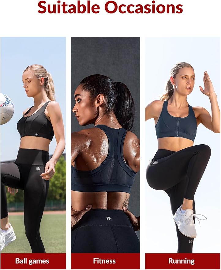 Yvette Zip Front Sports Bra - High Impact Sports Bras for Women Plus Size Workout Fitness Running