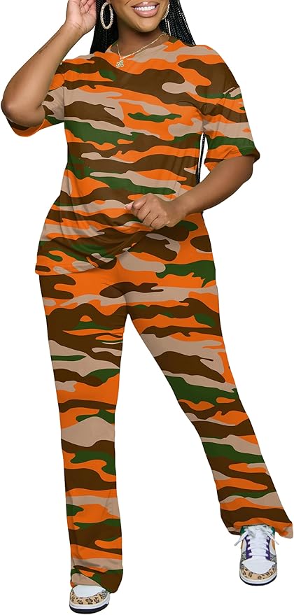 PINSV Women 2 Piece Outfits Short Sleeve Top and Flare Pants Lounge Sets Tracksuit
