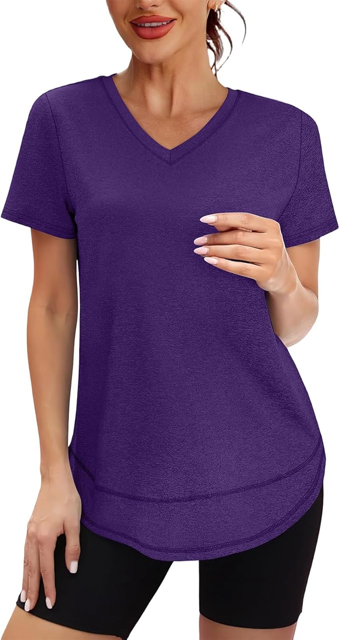 XIEERDUO Womens Workout Tops Short Sleeve Shirts Quick Dry Outfits for Hiking Running V Neck S-3XL