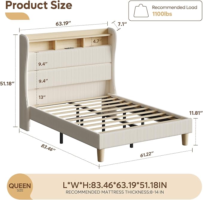 Bestier Queen Size Upholstered Wingback Bed Frame with 51” High Headboard Corduroy Fabric RGB LED Lights, Charging Station Dual Storage Shelves Modern Off White Platform Bed No Box Spring Needed