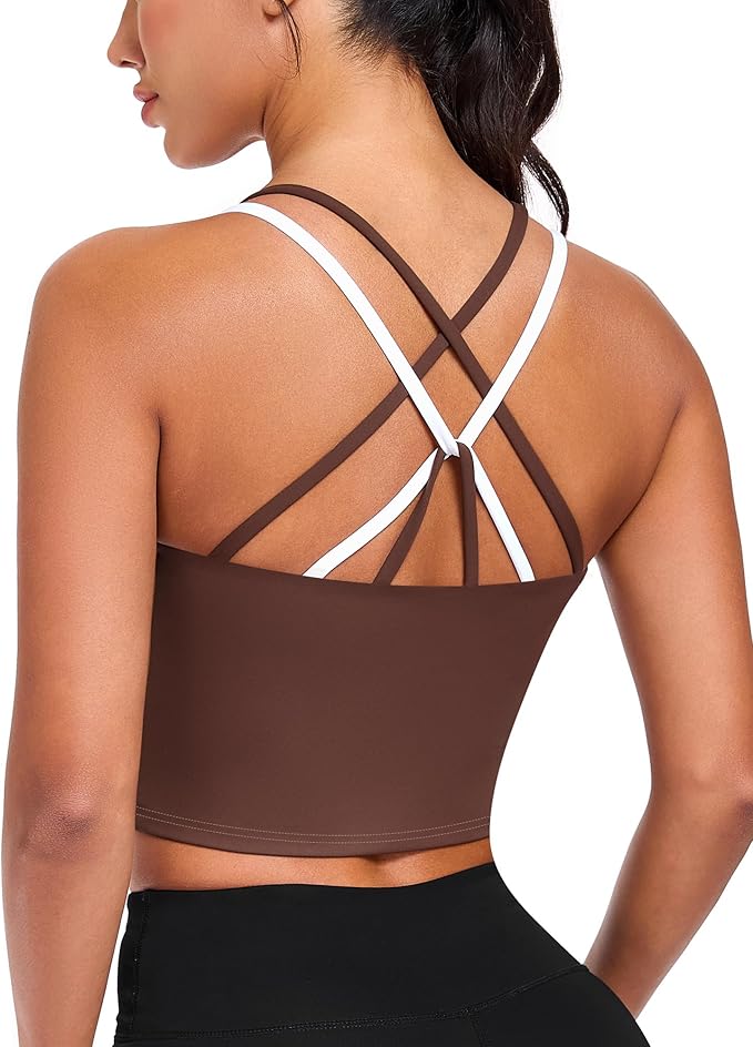 QUOJIZY Longline Sports Bras for Women Spaghetti Straps Tank Top with Built-in Bra Strappy Sports Bra for Yoga