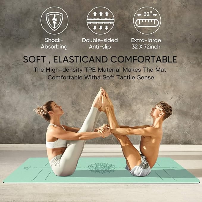 Gruper Yoga Mat Non Slip TPE Extra Wide Yoga Mat with Alignment Mark, 72"L x 32"W x 0.32"/0.24"Th (183cm x 80cm x 8mm/6mm), Anti-Tear Exercise Mat with Carrying Strap and Bag, Workout Mats for Yoga, Pilates