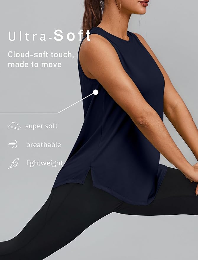 PINSPARK Workout Tops for Women Sleeveless Athletic Tank Tops UPF 50+ Running Tanks with Side Slits Loose Fit Gym Yoga Shirt