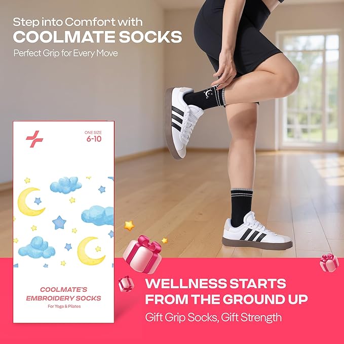 CoolMate Pilates Socks with Grips for Women, Yoga Socks, Crew Non Slip Women for Barre, Pilates Gifts for Women