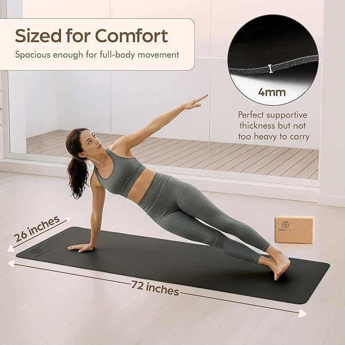 ORW Non Slip Hot Yoga Mat - Grip Surface & Natural Rubber Base, REACH Tested, Home & Studio Practice