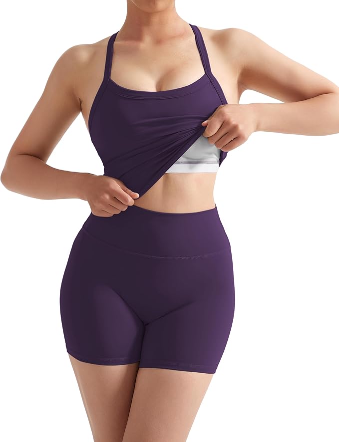 SUUKSESS Women 2 Piece Workout Sets High Waisted Tummy Control Biker Shorts Halter Padded Tank Tops