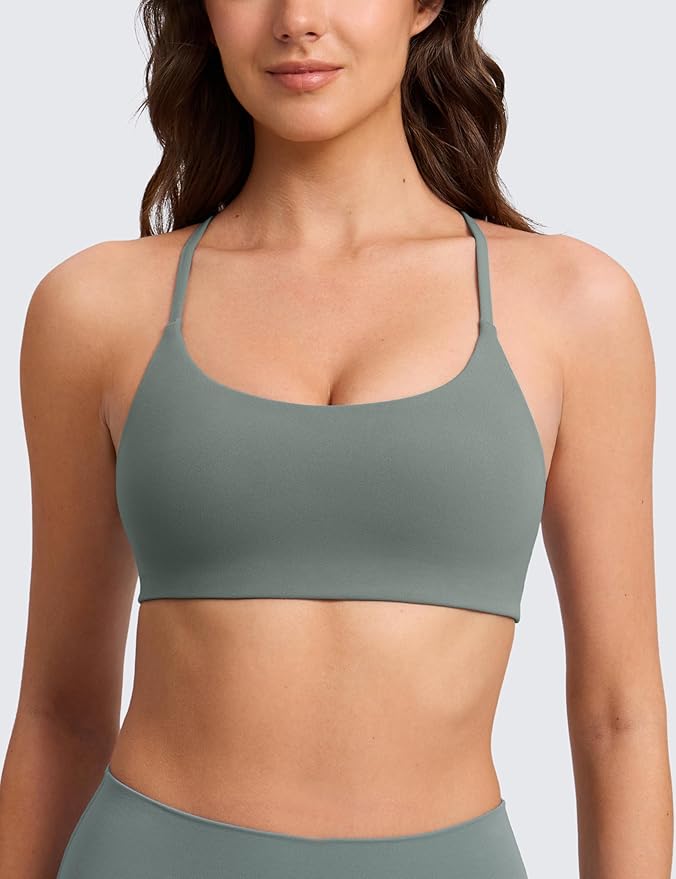 CRZ YOGA Butterlift Double Lined V Back Sports Bras for Women - Scoop Neck Spaghetti Strap Wireless Yoga Top Non Padded