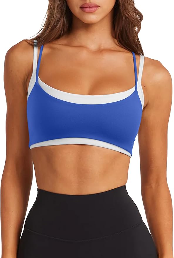 LASLULU Womens Double Layered Sports Bra Adjustable Spaghetti Straps Sexy Scoop Neck Wireless Padded Workout Yoga Crop Tops