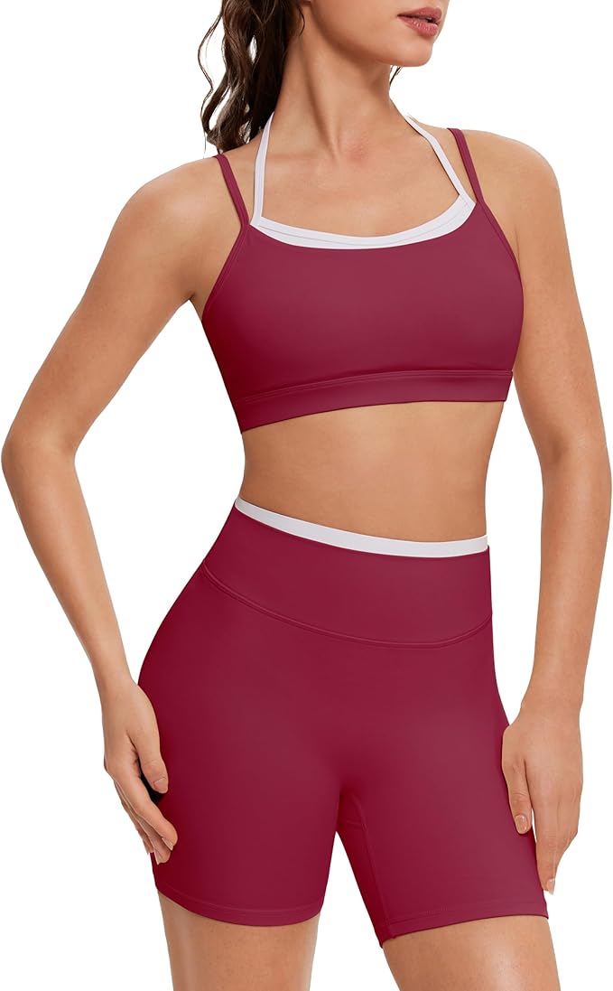 OMKAGI Workout Sets for Women Cute Doubel Layer Open Back Sports Bras Gym Shorts Outfits