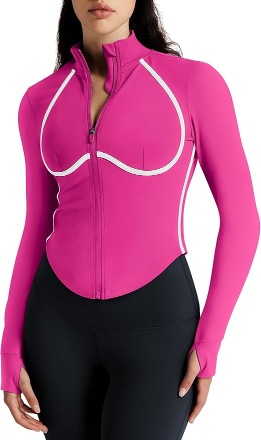 Women Workout Jacket Cropped Contrast Seam Zip Up Athletic Jacket Yoga Sportswear with Thumb Holes