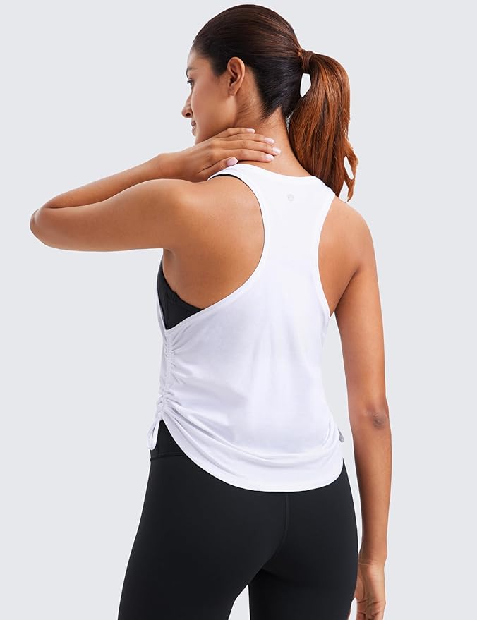 CRZ YOGA Pima Cotton Ruched Side Tank Tops for Women - Workout Athletic Casual Racerback Crewneck Loose Sleeveless Shirts