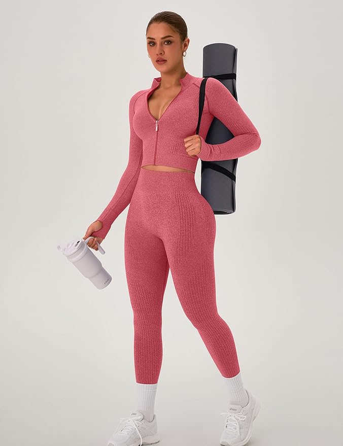 OLCHEE Womens Workout Sets 2 Piece Seamless Yoga Outfits Long Sleeve Zipper Jacket High Waist Leggings Butt Lifting Gym Set