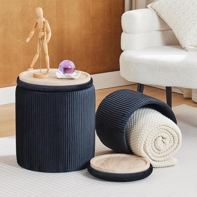 BLEXA Round Ottoman with Storage Set of 2-Upholstered Velvet Vanity Stool for Makeup Multifunctional Ottomans Coffee Table Padded Seat Foot Rest for Living Room&Bedroom (Black-Upgrade Tray Lid)
