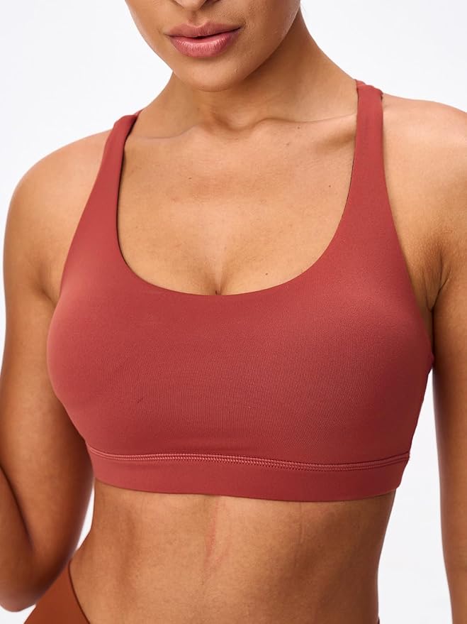 Women's Strappy Sports Bras Light Compression Crop Criss Cross Back Padded Workout Yoga Bra Supportive U Neckline