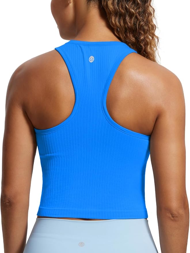 CRZ YOGA Seamless Ribbed High Neck Crop Tank Tops for Women - Longline Racerback Padded Sports Bras