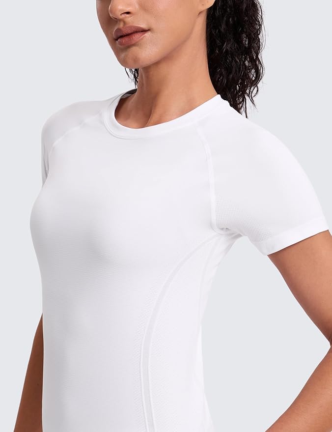 CRZ YOGA Seamless Workout Tops for Women Hip Length - Athletic Running Gym Yoga Short Sleeve Shirts Breathable Crewneck Tees