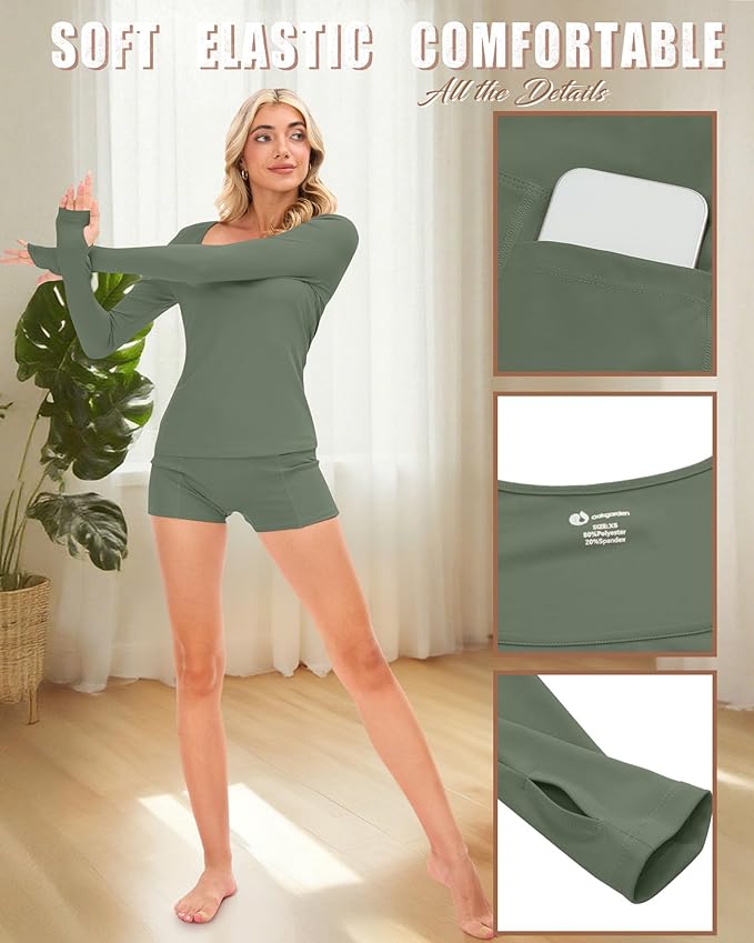 Oakgarden Women's Long Sleeve Yoga Set Square Neck Slim Fit Tops Elastic Soft Thumb Hole Shirt High Waist Shorts with Pockets