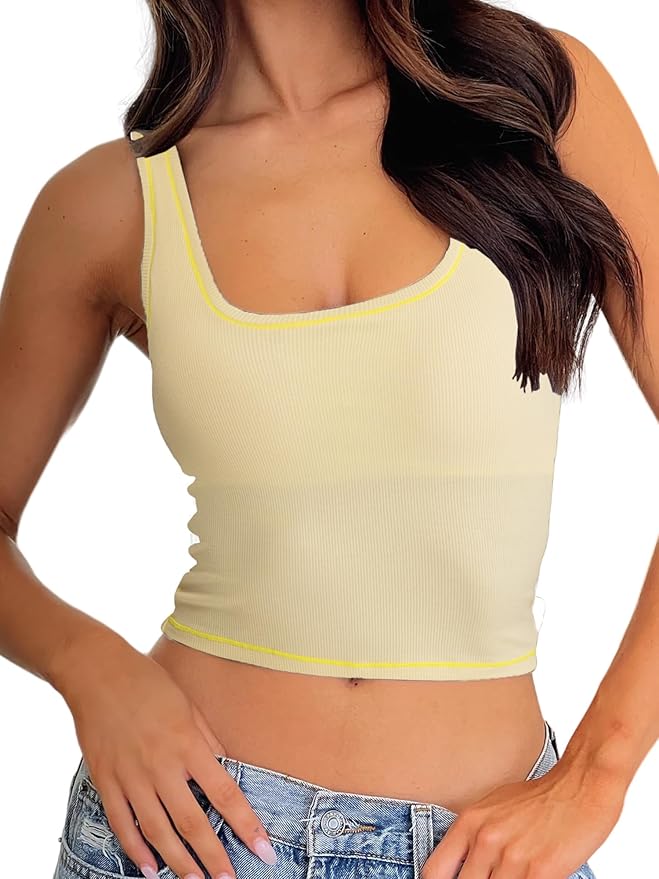 Danysu Women Rib Tank Top Padded Workout Top Square Neck Crop Tank Fitted Basic Cami Tops