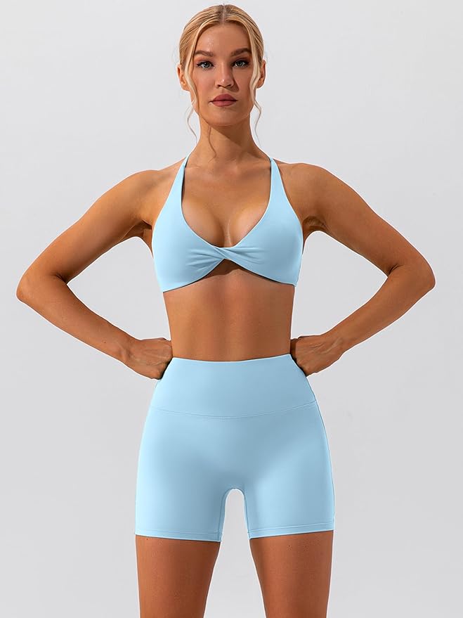 ABOCIW Workout Sets for Women 2 Piece Twist Front Halter Sports Bras High Waist Biker Shorts Exercise Gym Yoga Outfit