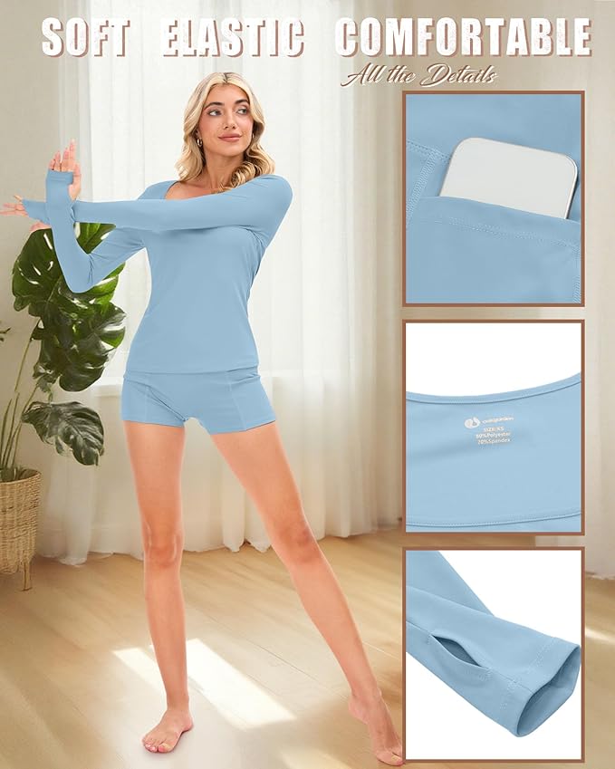 Oakgarden Women's Long Sleeve Yoga Set Square Neck Slim Fit Tops Elastic Soft Thumb Hole Shirt High Waist Shorts with Pockets