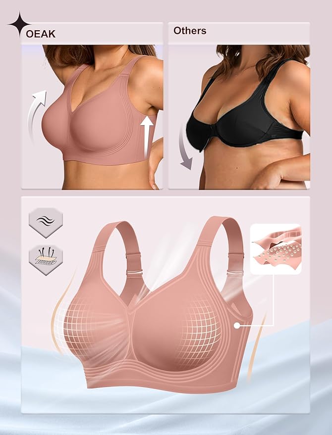 OEAK Womens Wireless Jelly Bra Plus Size Supportive Seamless Bras Full Coverage Push Up Comfortable No Underwire Tshirt Bras