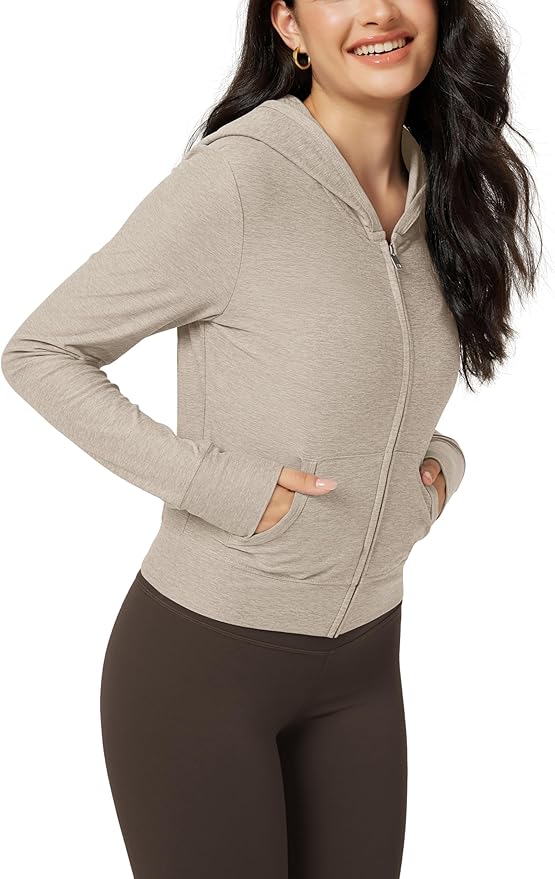 ODODOS Women's Full-Zip Cropped Hoodie - odSTRATUM Tech Ultra Soft UPF 50+ Hooded Jacket with Pockets